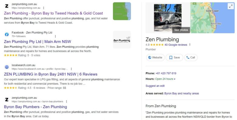 Zen Plumbing Google business profile showing page title