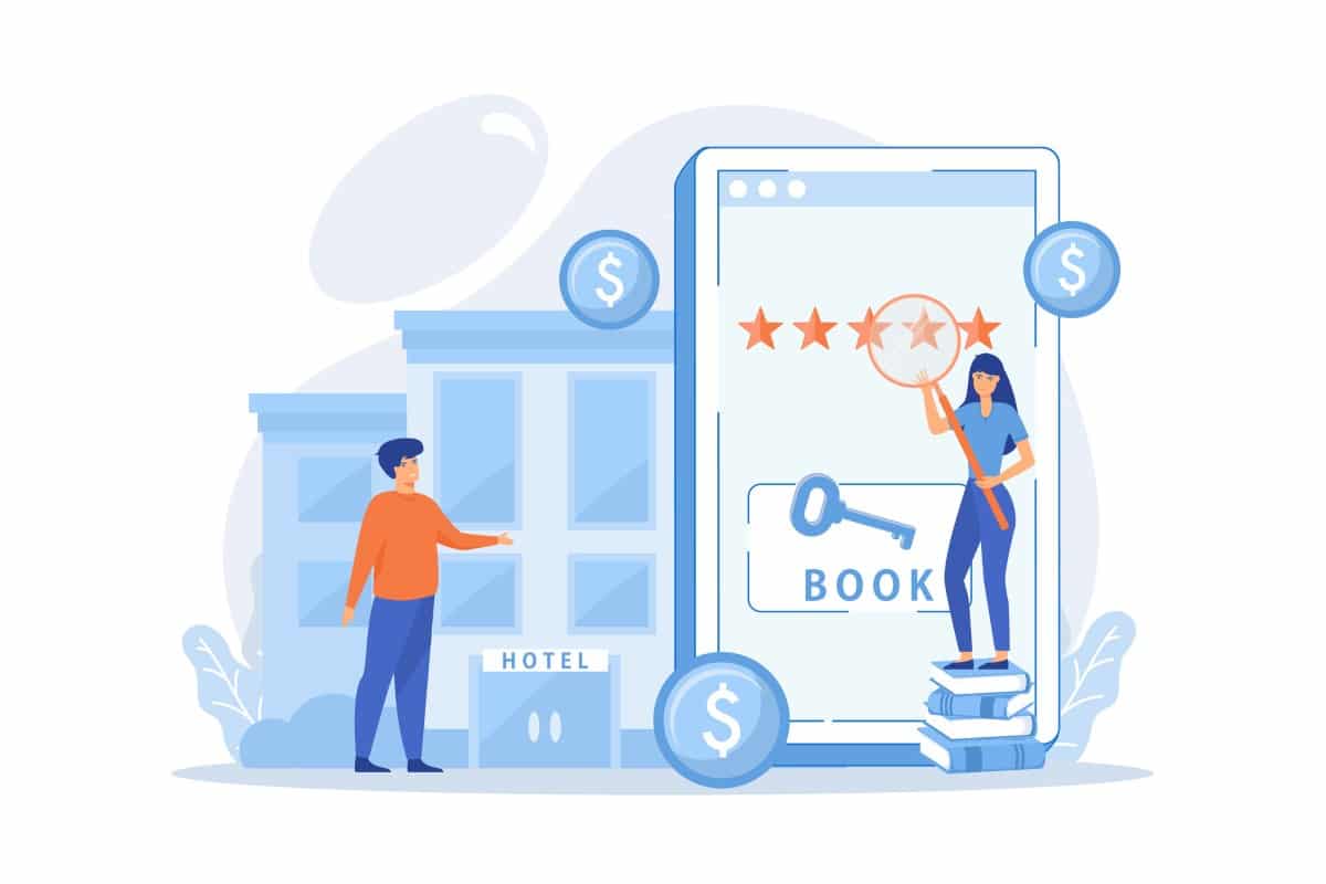 An illustration of travellers booking holiday accommodation online, showing hotel, mobile booking app, and star ratings to represent AI-driven search and SEO visibility for hospitality businesses.